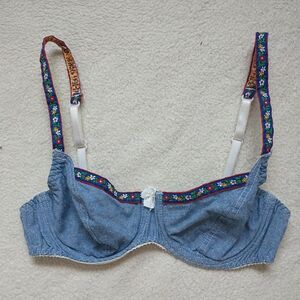 Appel Bra S 32 Blue Floral Chambray Cotton Underwire Embroidered Bow USA Y2K